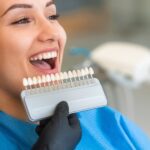 woman getting color matched for dental veneers