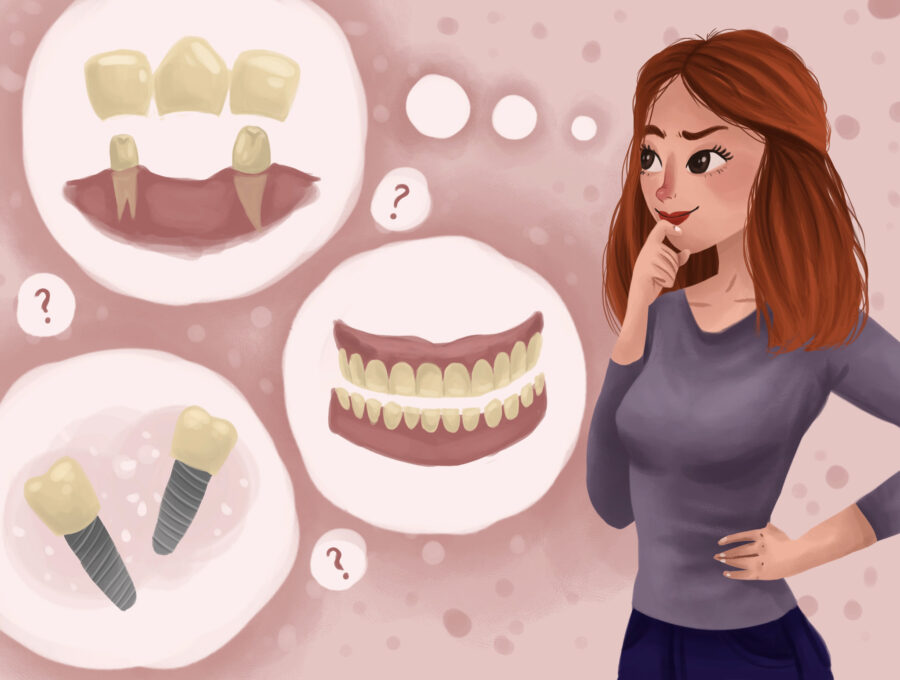 woman comparing dental implants with alternatives like dental bridges or dentures
